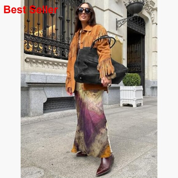 Faux Suede Fringe Jacket Oversized Western Style Long Sleeve - Picture 5 of 5